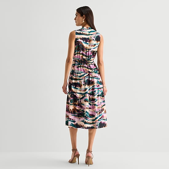 Isabel & Nina Womens Midi V Neck Sleeveless Abstract Fit + Flare Dress