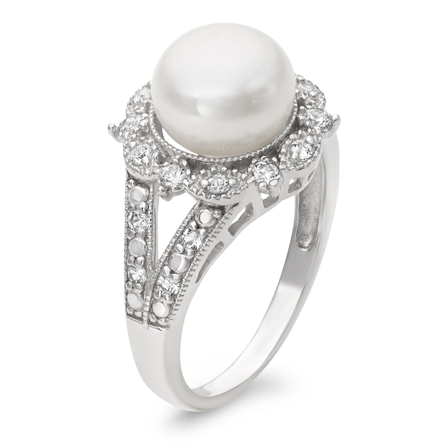 Cultured Freshwater Pearl & Lab-Created White Sapphire Sterling Silver Ring