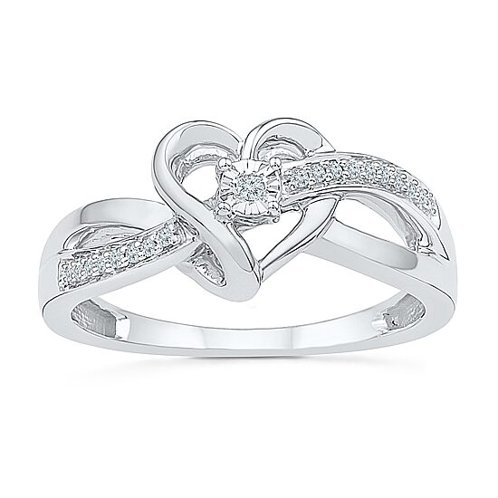 Womens Diamond Accent Natural White Diamond Sterling Silver Heart Crossover Cocktail Ring