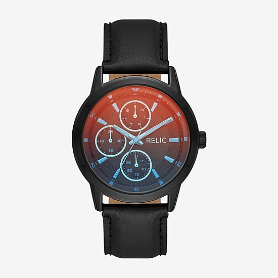 Relic By Fossil Mens Multi-Function Black Leather Strap Watch Zr15999