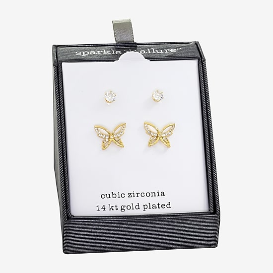 Sparkle Allure Womens Cubic Zirconia 14K Gold Over Brass Butterfly 2 Pair Earring Set