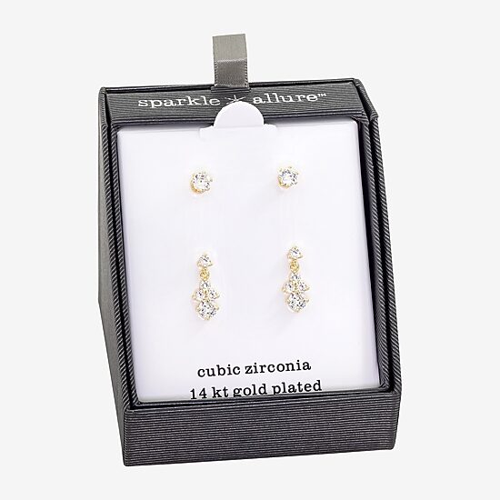 Sparkle Allure Womens Cubic Zirconia 14K Gold Over Brass 2 Pair Earring Set
