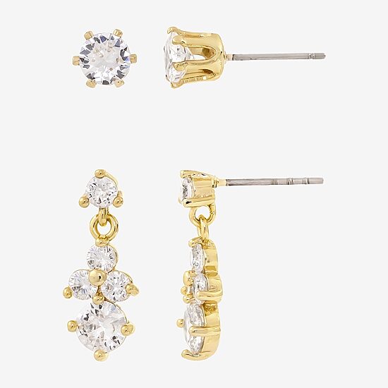 Sparkle Allure Womens Cubic Zirconia 14K Gold Over Brass 2 Pair Earring Set