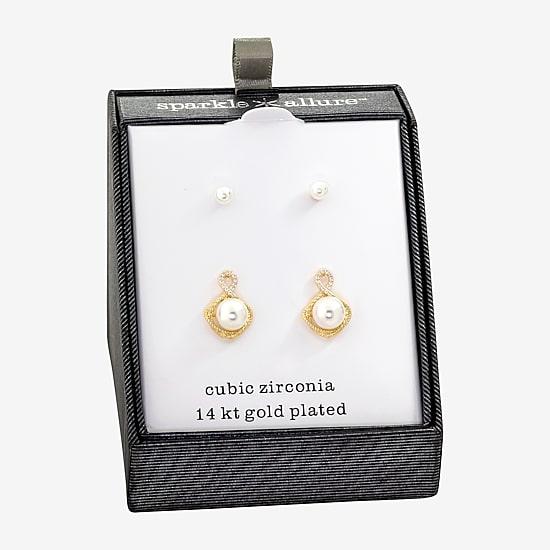 Sparkle Allure Womens Simulated Pearl 14K Gold Over Brass 2 Pair Earring Set
