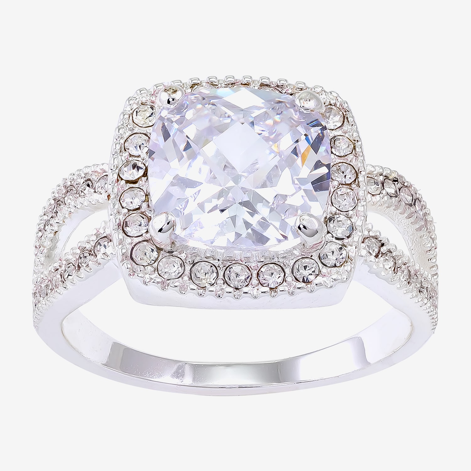 Sparkle Allure Split Shank Womens Cubic Zirconia Pure Silver Over Brass Cushion Halo Cocktail Ring