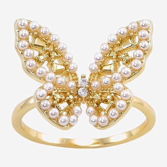 Sparkle Allure Womens White Simulated Pearl 14K Gold Over Brass Butterfly Cocktail Ring