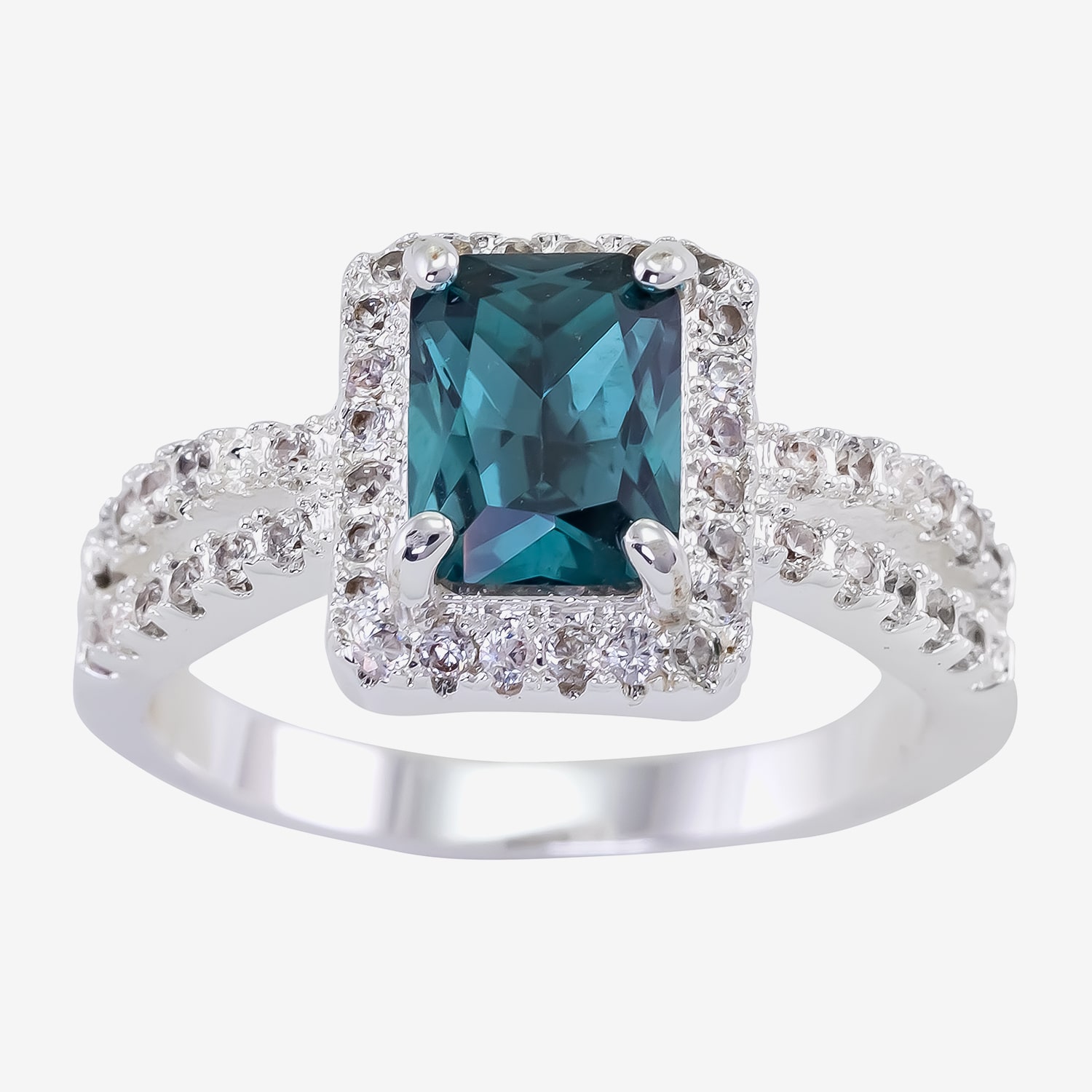 Sparkle Allure Split Shank Womens Blue Crystal Pure Silver Over Brass Halo Cocktail Ring