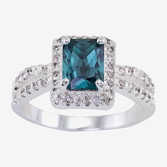 Sparkle Allure Split Shank Womens Blue Crystal Pure Silver Over Brass Halo Cocktail Ring