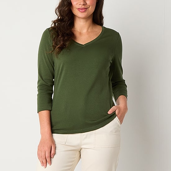 St. John's Bay Womens V Neck 3/4 Sleeve T-Shirt