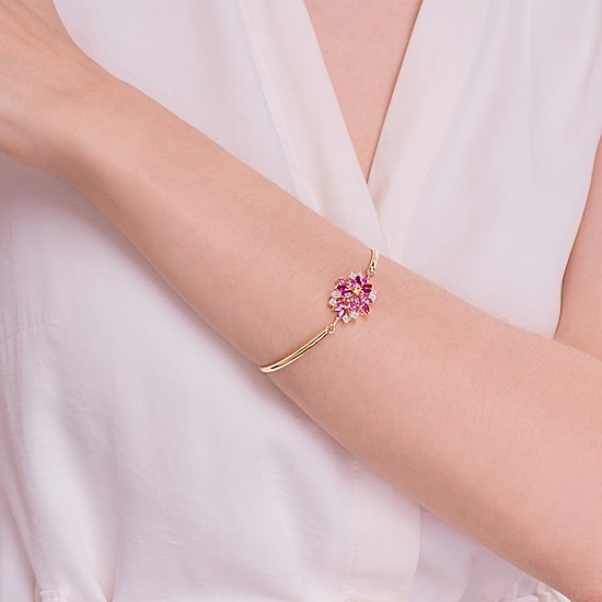 14K Gold over Silver Gemstone Flower Bangle Bracelet