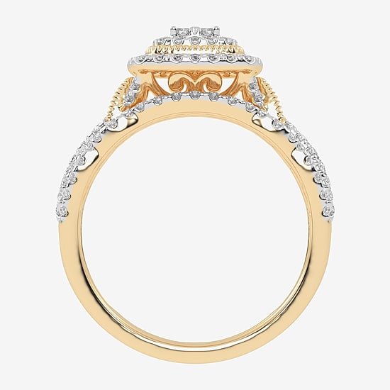 Womens 1/2 CT. T.W. Natural White Diamond 10K Gold Cushion Side Stone Halo Bridal Set