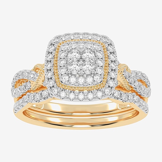 Womens 1/2 CT. T.W. Natural White Diamond 10K Gold Cushion Side Stone Halo Bridal Set