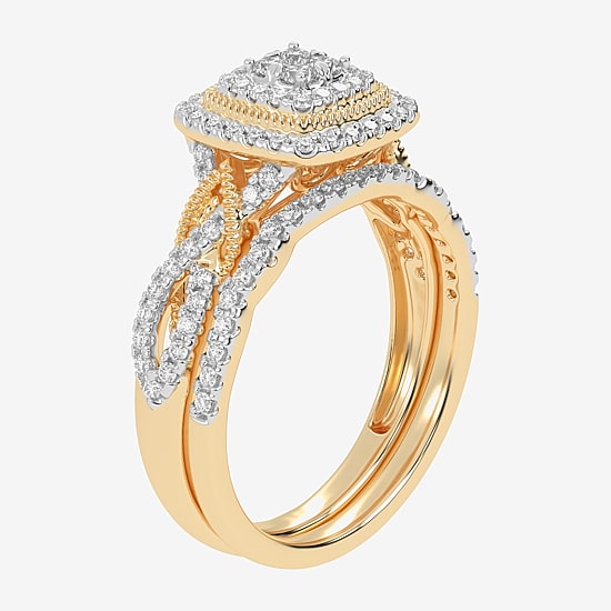 Womens 1/2 CT. T.W. Natural White Diamond 10K Gold Cushion Side Stone Halo Bridal Set
