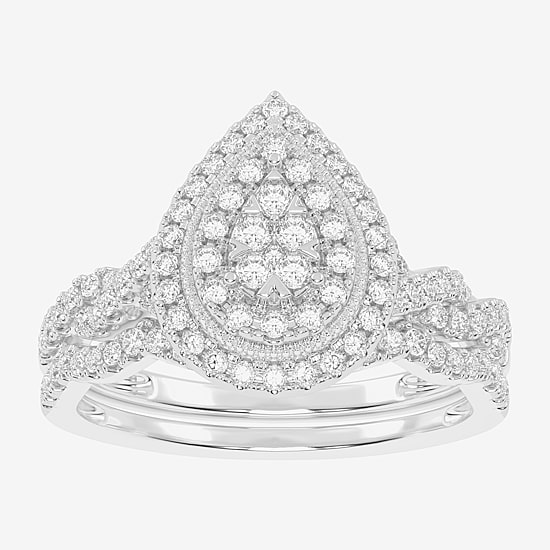Womens 1/2 CT. T.W. Natural White Diamond 10K Gold Pear Side Stone Halo Bridal Set