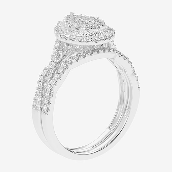 Womens 1/2 CT. T.W. Natural White Diamond 10K Gold Pear Side Stone Halo Bridal Set