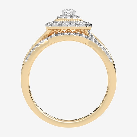 Womens 1/2 CT. T.W. Natural White Diamond 10K Gold Cushion Side Stone Halo Bridal Set