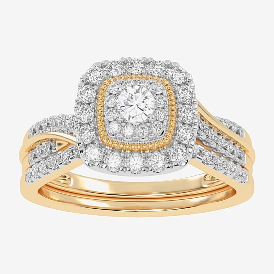 Womens 1/2 CT. T.W. Natural White Diamond 10K Gold Cushion Side Stone Halo Bridal Set
