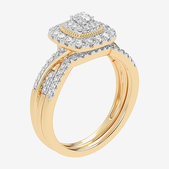 Womens 1/2 CT. T.W. Natural White Diamond 10K Gold Cushion Side Stone Halo Bridal Set