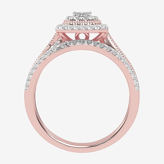 Womens 1/2 CT. T.W. Natural White Diamond 10K Gold Cushion Side Stone Halo Bridal Set