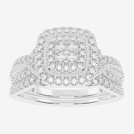 Womens 1/2 CT. T.W. Natural White Diamond 10K Gold Cushion Side Stone Halo Bridal Set