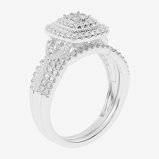 Womens 1/2 CT. T.W. Natural White Diamond 10K Gold Cushion Side Stone Halo Bridal Set