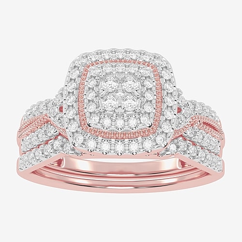Womens 1/2 CT. T.W. Natural White Diamond 10K Gold Cushion Side Stone Halo Bridal Set, 9, Rose