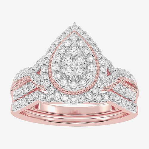 Womens 1/2 CT. T.W. Natural White Diamond 10K Gold Pear Side Stone Halo Bridal Set, 6, Rose