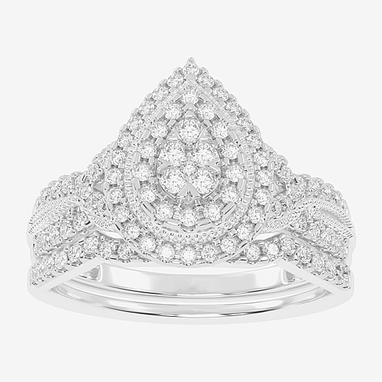 Womens 1/2 CT. T.W. Natural White Diamond 10K Gold Pear Side Stone Halo Bridal Set