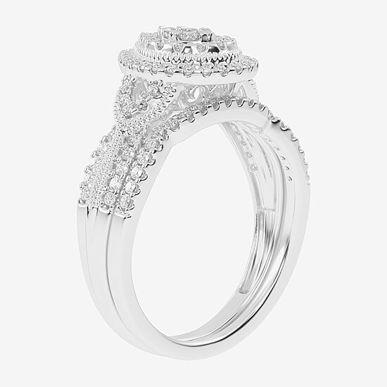 Womens 1/2 CT. T.W. Natural White Diamond 10K Gold Pear Side Stone Halo Bridal Set