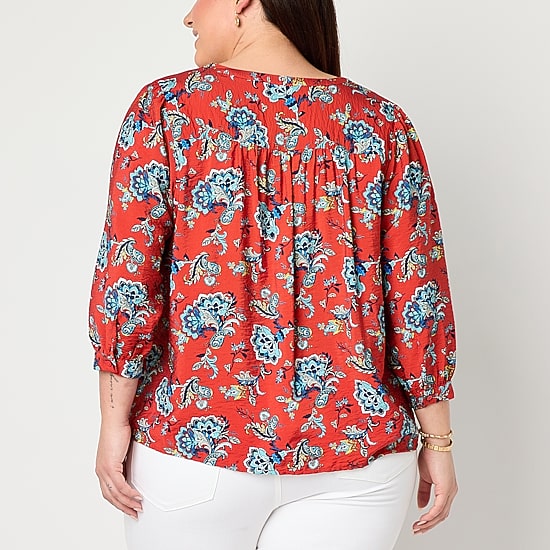 St. John's Bay Womens Plus Split Crew Neck 3/4 Sleeve Blouse