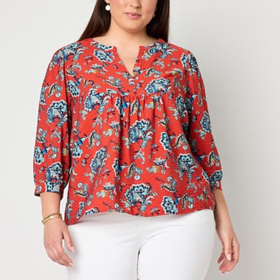St. John's Bay Womens Plus Split Crew Neck 3/4 Sleeve Blouse