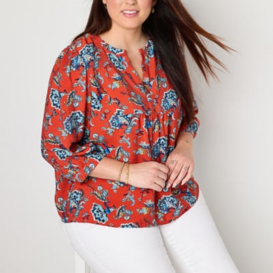 St. John's Bay Womens Plus Split Crew Neck 3/4 Sleeve Blouse