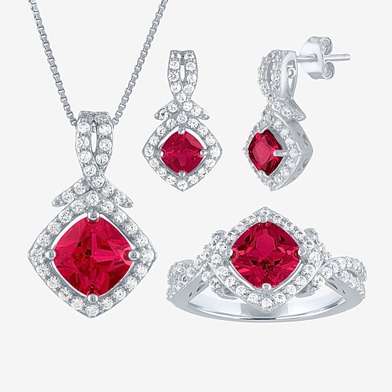 Womens Lab Created Red Ruby Sterling Silver Jewelry Set
