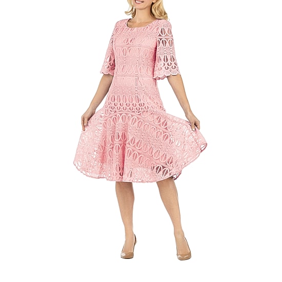 Giovanna Signature Womens Midi Round Neck Short Sleeve Lace Fit + Flare Dress