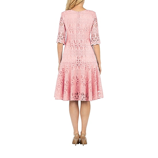 Giovanna Signature Womens Midi Round Neck Short Sleeve Lace Fit + Flare Dress