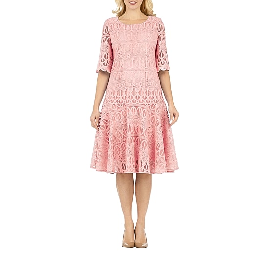 Giovanna Signature Womens Midi Round Neck Short Sleeve Lace Fit + Flare Dress