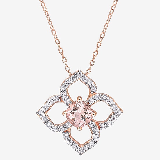 Womens Genuine Pink Morganite 18K Rose Gold Over Silver Flower 18 Inch Pendant Necklace