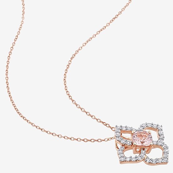 Womens Genuine Pink Morganite 18K Rose Gold Over Silver Flower 18 Inch Pendant Necklace