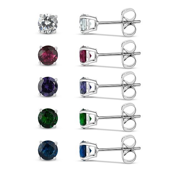 Sterling Silver 5mm Simulated Gemstone 5 Earring Pair Set