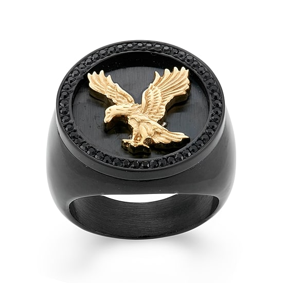 Mens Crystal Stainless Steel & Black IP Eagle Signet Ring