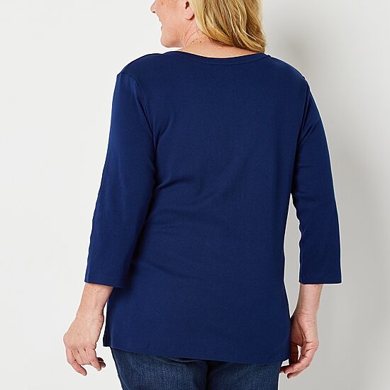 St. John's Bay Womens Plus V Neck 3/4 Sleeve T-Shirt