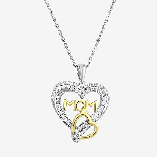 Diamonart "Mom" Womens White Cubic Zirconia Sterling Silver Heart 18 Inch Pendant Necklace