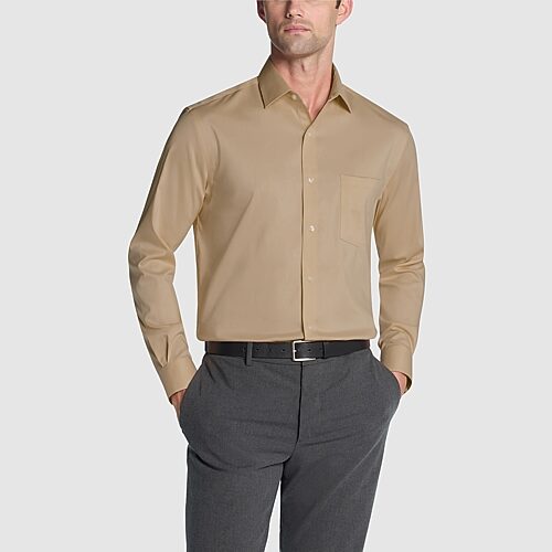 Van Heusen Ultra Flex Mens Regular Fit Stretch Fabric Wrinkle Free Long Sleeve Dress Shirt, 16-16.5 34-35, Brown
