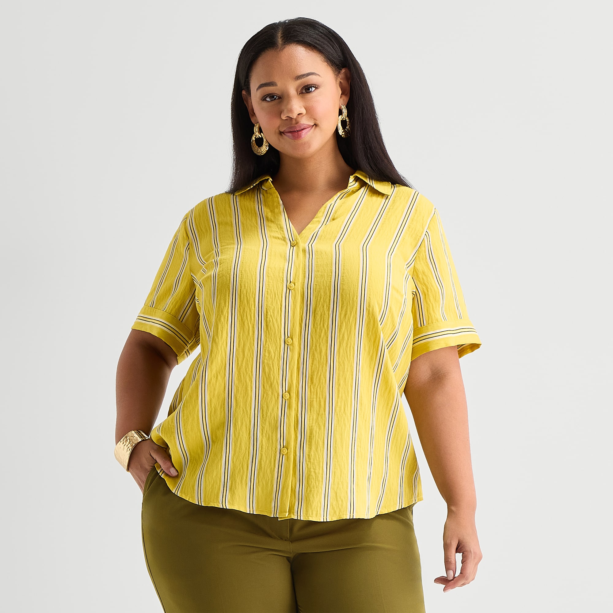 Worthington Womens Plus Cuffed Short Sleeve Slim Fit Button-Down Shirt