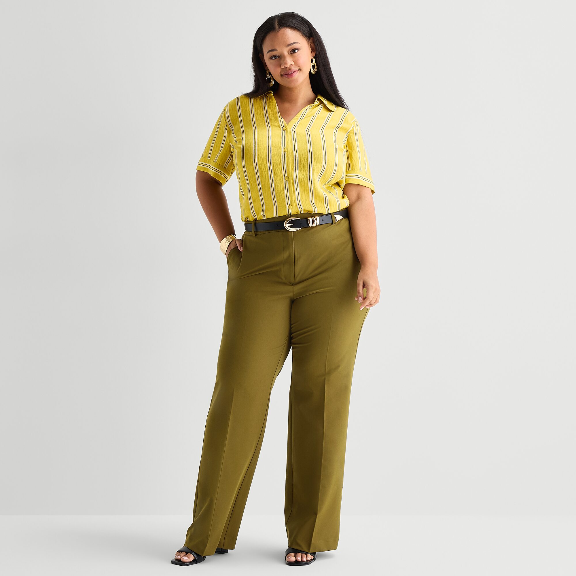 Worthington Womens Plus Cuffed Short Sleeve Slim Fit Button-Down Shirt