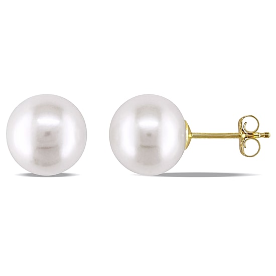 White Cultured Freshwater Pearl 14K Yellow Gold Stud Earrings 