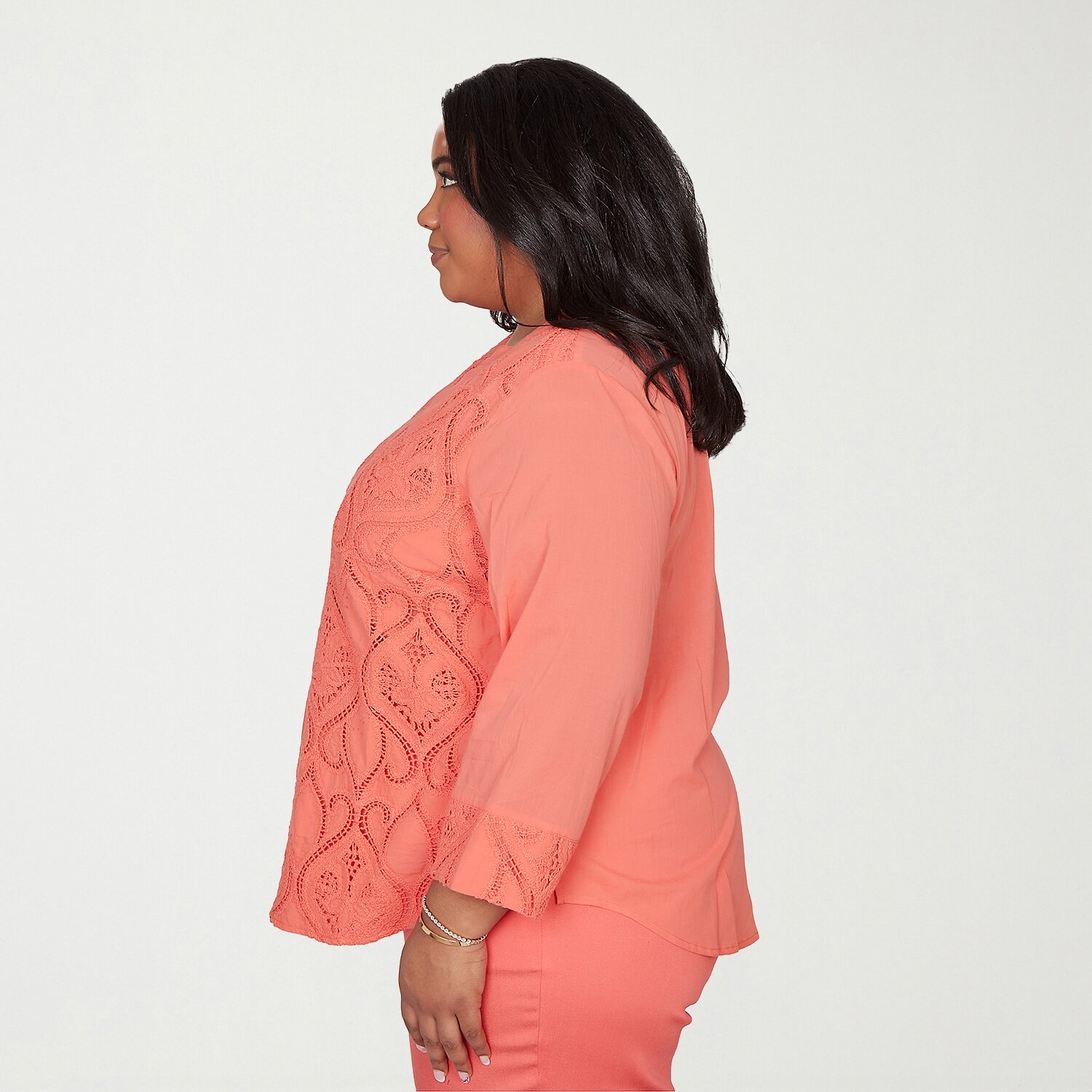 Alfred Dunner Resort Living Womens Plus V Neck Long Sleeve Lace Lined Blouse
