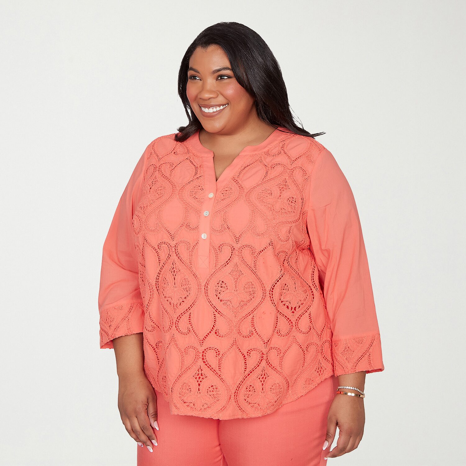 Alfred Dunner Resort Living Womens Plus V Neck Long Sleeve Lace Lined Blouse