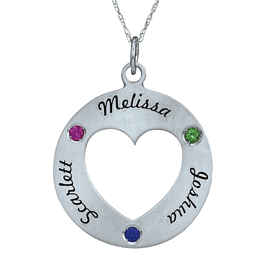Personalized Simulated Birthstone Engraved Open Heart Pendant Necklace