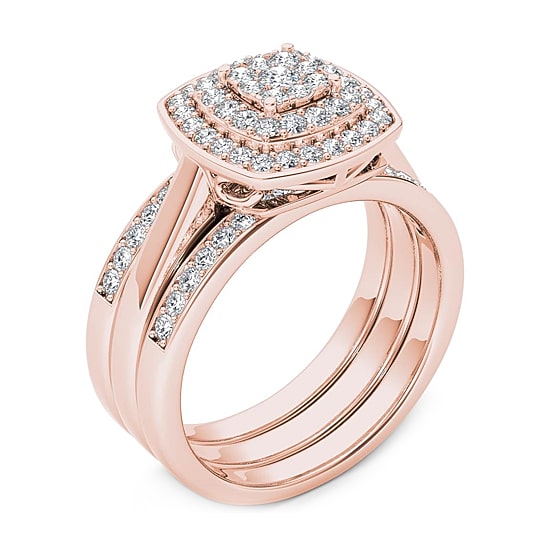 Womens 1/3 CT. T.W. Natural White Diamond 10K Gold Cushion Side Stone Halo Bridal Set